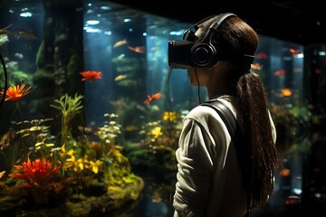 A person wearing a VR headset in front of an aquarium filled with vibrant aquatic plants.