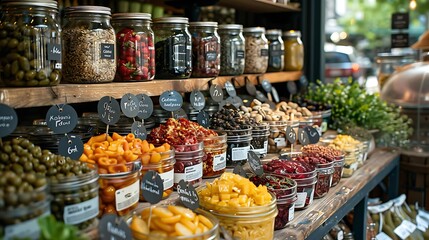 Fototapeta premium A vibrant display of jars filled with colorful preserved foods and ingredients.