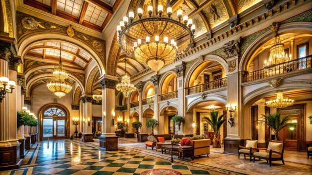 Grand historic lobby with ornate details, sweeping archways, and lavish chandeliers, evoking majesty, heritage, and sophistication.
