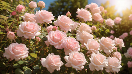 Fototapeta premium Blooming pale pink roses in summer garden or park nature background.