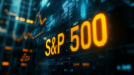 Financial data showing on a digital ticker screen with the s&p 500 index displayed
