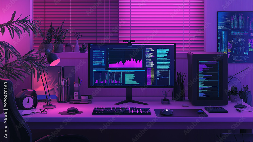 Poster Programmer working at desk with multiple monitors showing code in neon light