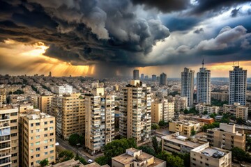 Fototapeta premium tense urban landscapes with iron dome batteries nestled between modern israeli cityscapes and dark foreboding storm clouds