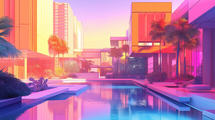 Fototapeta premium Modern minimalist architecture reflecting in luxurious pool at sunset