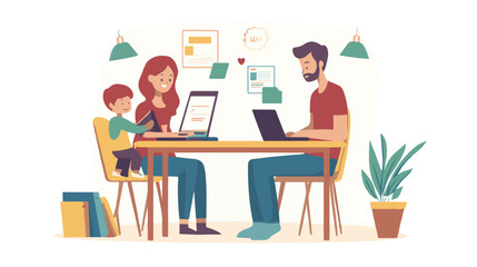 Prin
Homeschool or online education. Mother with daughter sitting in front of laptop learning. Flat vector illustration. Pro Vector