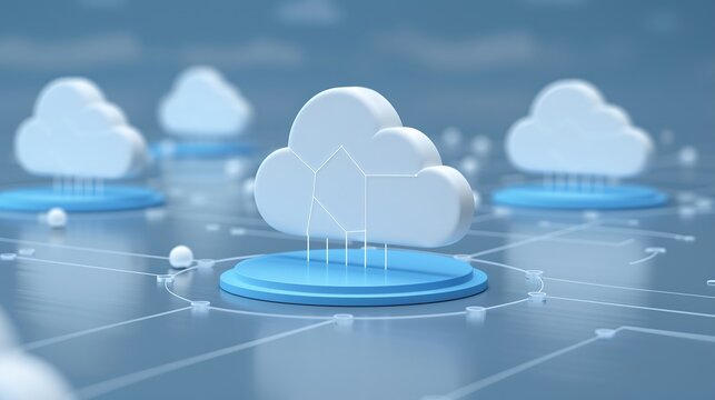 A digital illustration of cloud computing networks with interconnected clouds and blue bases representing data storage.