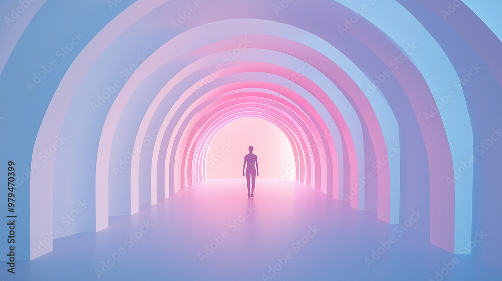 Aufkleber man walking in tunnel of arches with pink and blue gradient lighting