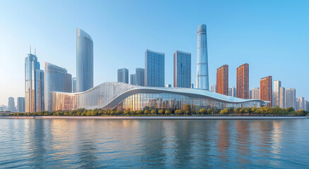 Obraz premium Modern city skyline reflecting in calm river at daytime