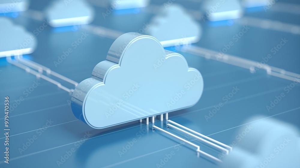 Poster a digital representation of cloud computing networks, illustrating data flow between virtual cloud s