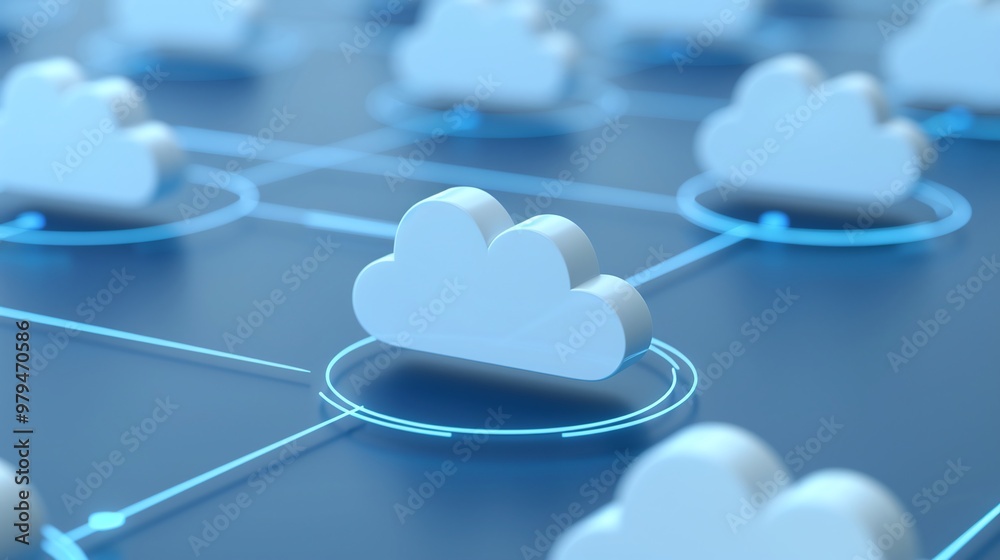 Poster a digital representation of cloud computing networks with vibrant blue connections and floating clou