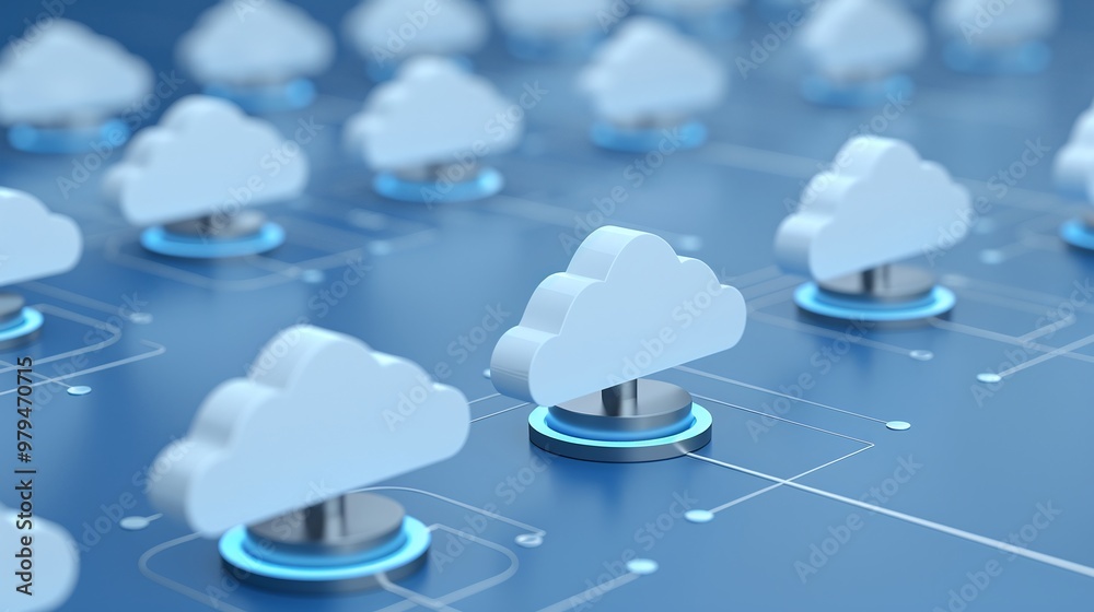 Poster a digital representation of cloud computing with multiple cloud icons on a technology-themed backgro
