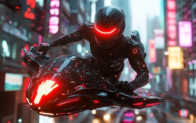 Futuristic Robot Speeding Through Neon Cityscape - High-Tech 3D Rendering with Flying Cars and Glowing Lights