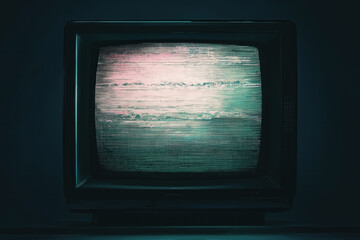 Old tv with a no signal screen, glitches and noise error, vintage colors