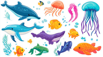 Fototapeta premium Cartoon whales, dolphins, jellyfish and fish swimming in the ocean