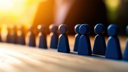 A close-up view of blue figurines lined up, symbolizing unity, teamwork, and collaboration in a professional context.