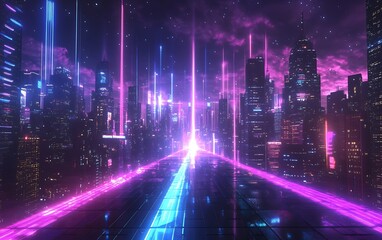 Fototapeta premium Neon City Lights: Futuristic Urban Landscape with UV Beams and Vibrant Colors