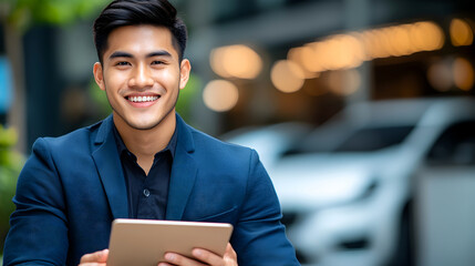 Young smiling Asian salesman holding a digital tablet in a modern auto showroom, ready to assist customers. Business, customer service concept. Copy space.
