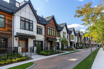 Charming row of modern townhouses with mixed material facades, including wood and white panels, lining a quiet tree-shaded street in a well-maintained residential neighborhood