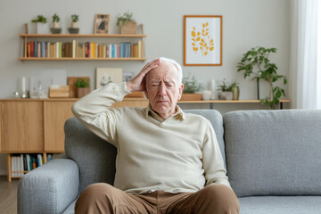Elderly man with headache sitting on a cozy sofa in a modern living room