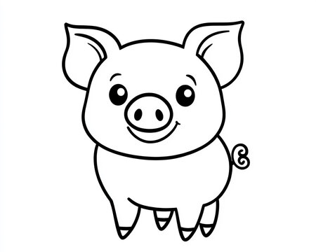 Cute kawaii pig illustration with a minimalist style for children's coloring book on white background