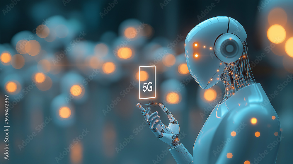 Poster White robot using 5g network with other robots in background