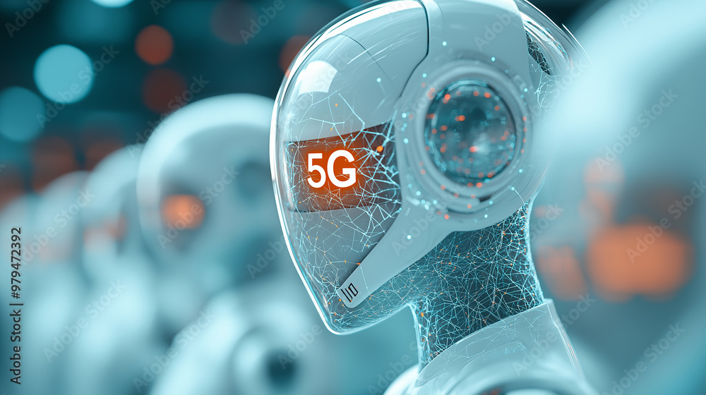 Poster White robot with 5g network showing artificial intelligence