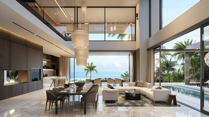Fototapeta premium Modern living room interior with fireplace and luxury furniture featuring a wooden table, sofa, and chairs near large windows