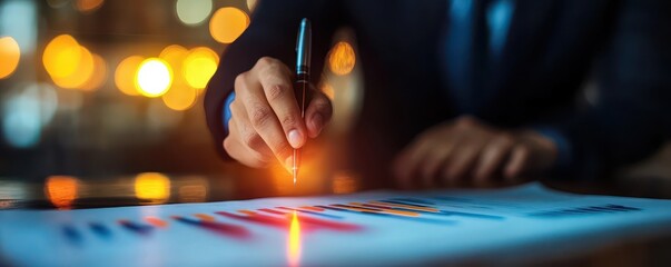 A business professional analyzing data charts with a pen, illuminated by ambient light, symbolizing strategy and decision-making.