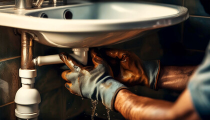 Fototapeta premium Extreme close-up of the gloved hands of a plumber while fixing or repairing pipes under the bathroom sink. Concept of home service or maintenance, professional handyman work. Generative Ai.