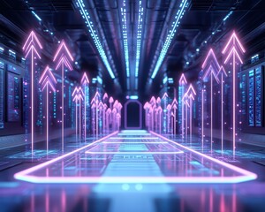 Fototapeta premium A captivating digital corridor featuring glowing arrows and neon lights, creating a futuristic ambiance in a high-tech environment. Ideal for tech-related themes.