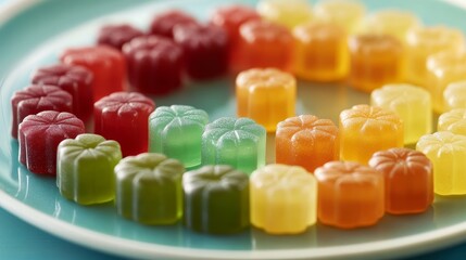 Colorful gummy candies arranged in a vibrant circle on a blue plate, perfect for a sweet treat or dessert display.