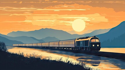 2d dreamlike illustration of the train orient express on a summerday, muted subtle tones, Simplified minimalistic Illustrations, Dynamic Typography, 