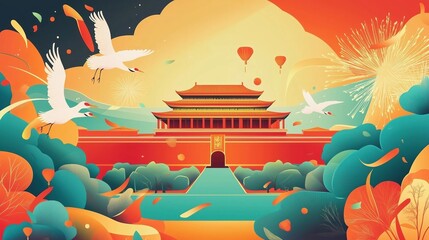 A red-crowned crane gracefully flying over Tiananmen Square in a vibrant vector illustration with geometric shapes and exquisite details. The scene features traditional Chinese architecture in a red c