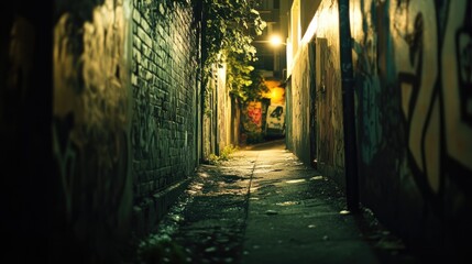 Fototapeta premium A narrow, graffiti-filled alley illuminated by faint streetlights, with a shadowy figure lurking behind the corner.