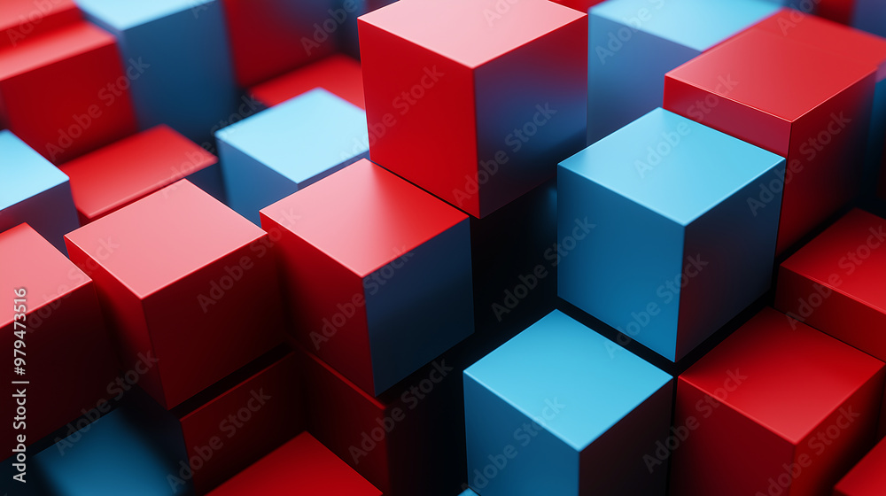 Poster 3d render of red and blue cubes forming an abstract background