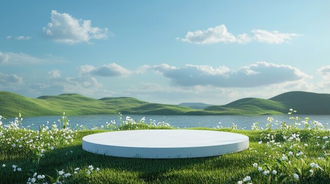 3d cartoon style.A simple circular stage isplaced on a grassland with water and flowersBlue sky background. There are rolling hills 