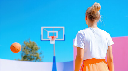 Bright poster with a girl throwing a ball into a basketball hoop, concept of advertising sports and basketball and promotion of sports grounds in city squares