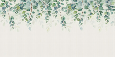 Painted leaves on top. Photo wallpapers for the wall. The mural in the living room. Watercolor leaves. Tropical leaves on a gray background.