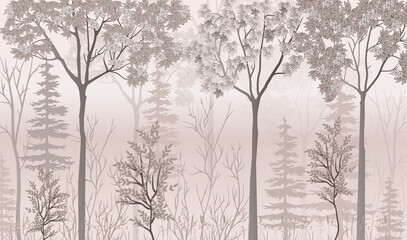 Obraz premium Wallpaper background, painted vector forest in powdery shades. Interior design. The powdery forest.