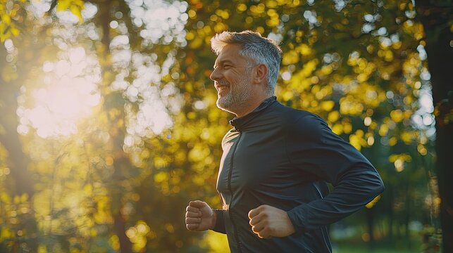 a 50 year old man happily joggging, realism, seen from the side, cinematic, athletic attice, happy, sunny day, commercial stillframe,
