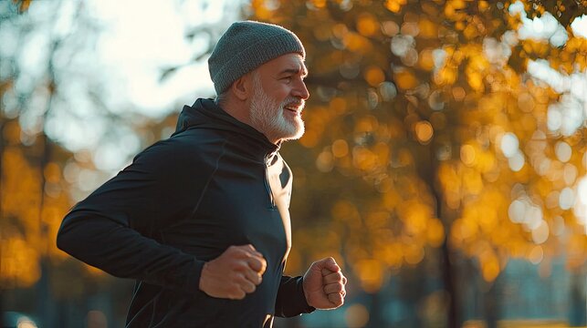 a 50 year old man happily joggging, realism, seen from the side, cinematic, athletic attice, happy, sunny day, commercial stillframe,