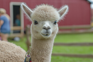 Obraz premium Fluffy white alpaca posing on a farm with red barn