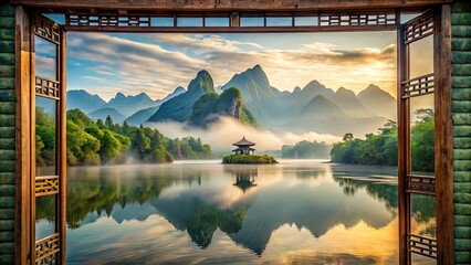 Breathtaking majestic landscape serene Asian eyes mirror reflecting stunning scenery awe-inspiring mountains crystal clear waters serene peaceful atmosphere misty morning calm