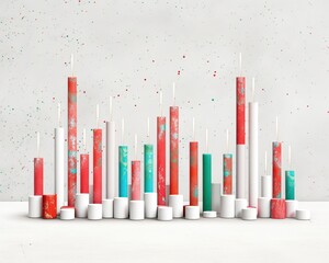 This captivating image features a collection of unique, colorful candleholders arranged in a visually striking composition. The varying heights and textures of the candleholders