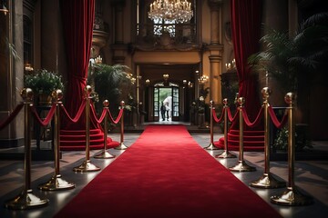 A luxurious entryway with a red carpet and elegant decor, inviting guests to an event.