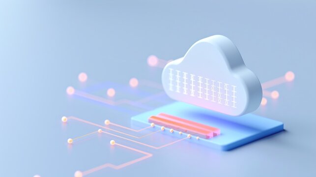 A modern 3D representation of a cloud computing concept with glowing data connections and an abstract background.