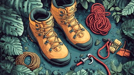 Hiking boots and equipment lay on the forest floor.