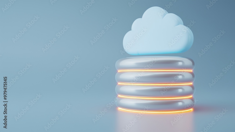 Poster a modern cloud computing concept featuring a stylized cloud above stack layers, symbolizing data sto