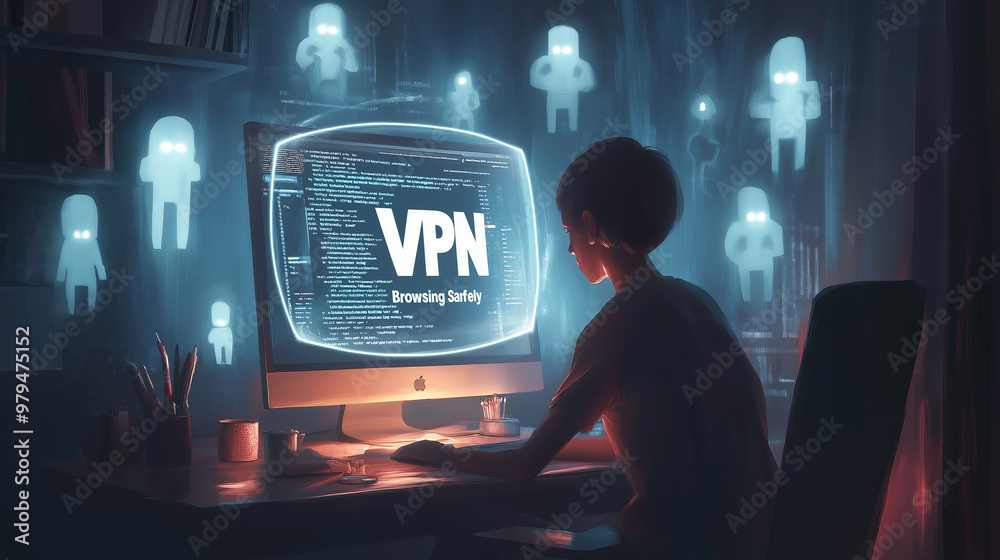 Poster Woman using vpn software browsing safely online avoiding hacker attacks