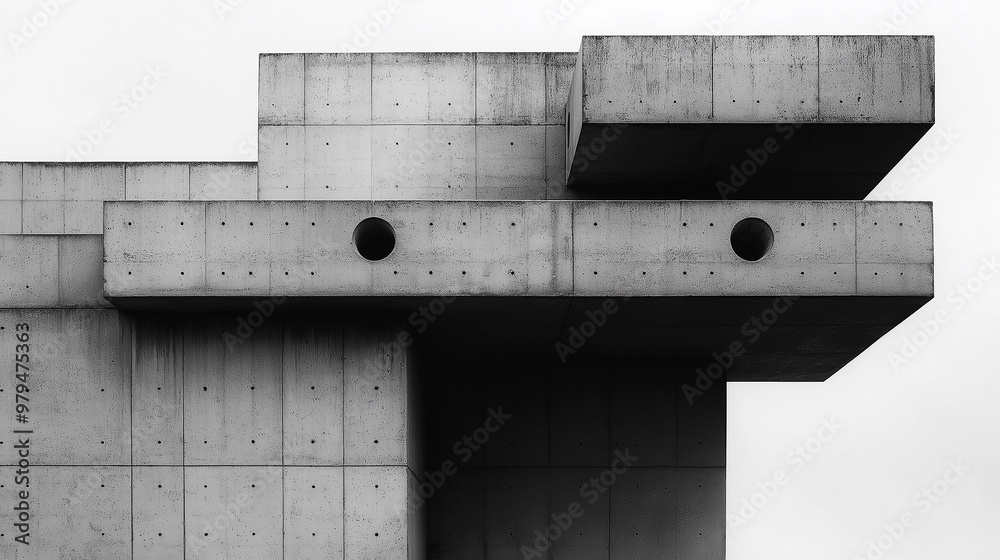 Poster modern brutalist architecture facade featuring geometric shapes
